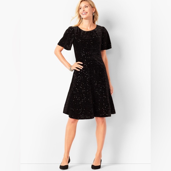 RSVP Talbots Dress Velvet Sequin MIDI Black NWT size 12. Perfect for holidays - Picture 1 of 7